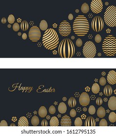 Dos banderas Felices Fiesta de Pascua con saludos de Pascua y huevos de Pascua dorados. Ilustración vectorial.