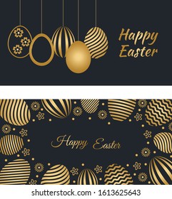 Two Happy Easter holiday banners with easter greetings and gold colored easter eggs. Flat vector stock illustration