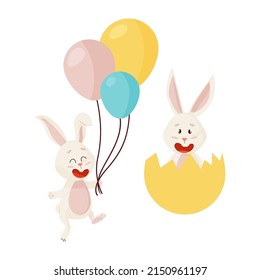 Two Happy Easter Rabbits with Ballons and Broken Shell