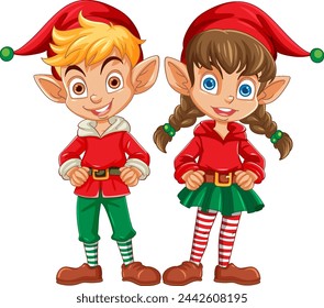 Two happy elves in festive holiday attire.