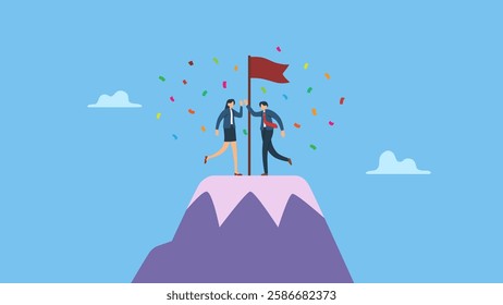 Two happy employees claping hands, hi five  on top of mountain simbolyzes team success winners, hi five or congratulation on business goal achievement, collaboration or encouragement.