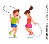 Two happy excited kids boy and girl jumping up together over skipping ropes they holding in hands. Childhood happiness & togetherness. Flat vector character illustrations isolated on white background.