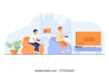 Two happy excited teen kids sitting on sofa at TV with gamepads and playing videogame. Vector illustration with cartoon characters for playing games, young gamers, children leisure time concept