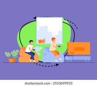 Two happy excited teen kids sitting on sofa at TV with gamepads and playing videogame. Vector illustration with cartoon characters for playing games, young gamers, children leisure time concept