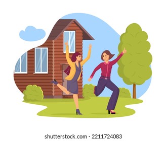 Two happy excited women happily jumping in front of wooden cottage. Businesswomen wearing formal clothes having fun on nature outdoors. Joyful people enjoying of success cartoon vector