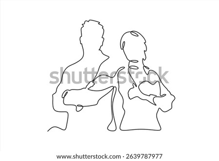 Two happy executive managers, mature business man and woman leaders, successful partners professional team in standing arms crossed. line icon-continuous line drawing. Editable stroke.

