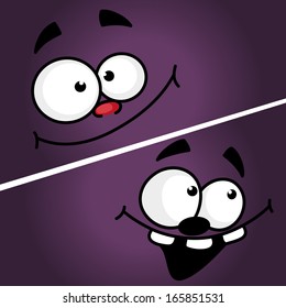 two happy faces with eyes in purple background