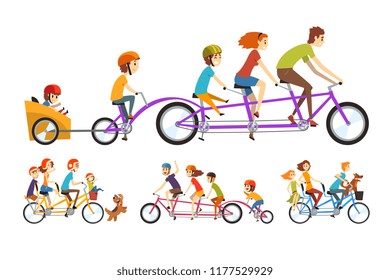 Two happy families riding on tandem bicycles with three seats and basket. Parenting concept. Recreation with kids. Cartoon people characters. Flat vector design