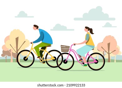 Two happy families riding on bicycles in park. Exercise in morning. Cartoon people characters. Flat vector design