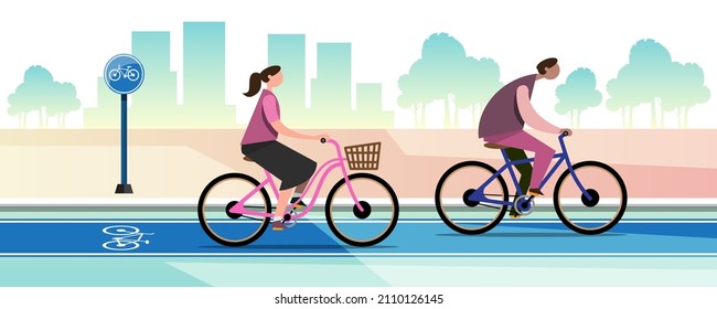 Two happy families riding on bicycles in Bike lane for relaxation. Traffic lanes have bicycle lanes for people to use. Flat vector illustration design