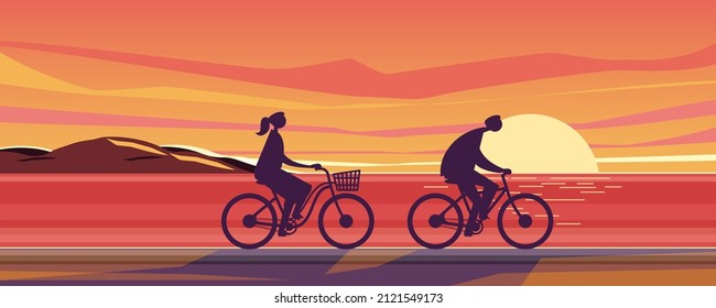 Two happy families riding on bicycles on the beach and and enjoy the sunset scenery. Cartoon people characters. Flat vector illustration design