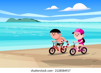 Two happy families riding on bicycles and hold lifebuoy in hand on the beach and and enjoy the scenery. Cartoon people characters. Flat vector illustration design