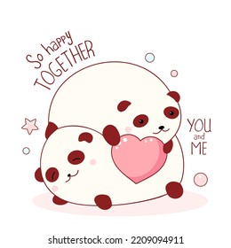 Two happy fat pandas with pink heart. Inscription So happy together. Square Valentine card. Funny quote for card, invitation, poster, t-shirt. Vector illustration EPS8