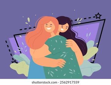 Two happy female cartoon friends hugging. Woman showing affection by putting arms around friend flat vector illustration. Love, friendship, communication concept for banner or landing web page