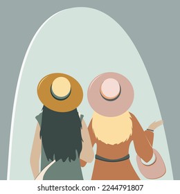 Two happy female friends shopping vector flat illustration. Young beautiful woman  with bags walking and talking. Girlfriends spending time together