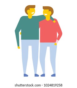 Two Happy Friends Or Brothers With Arms Around Each Other Walking Outside, Flat Vector Icon 