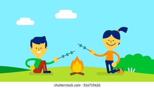 Two happy friends cook marshmallow over a campfire. Flat design. Vector illustration.