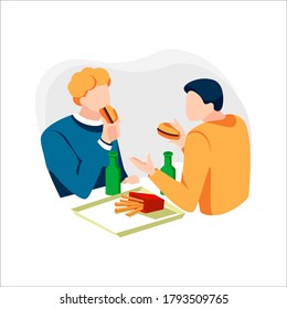 Two happy friends eating fast food meal in cafe. Men talking and having lunch burgers, fries and drinking beer. Male characters sitting in restaurant and have conversation. Flat vector illustration