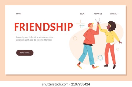 Two happy friends greet each other with high five, web banner template - flat vector illustration. Landing page with concept of friendship. Man and woman characters clap hands.