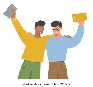 Two happy friends holding books in their hands. International friendship between students. Book lovers, fans of literature. Flat vector illustration isolated on white background.