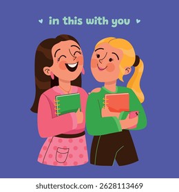 Two happy friends holding notebooks supporting each other