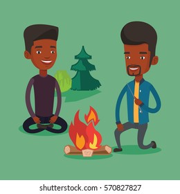 Two happy friends sitting around campfire. Group of young friends having fun in camping. Tourists relaxing near campfire. Concept of travel and tourism. Vector flat design illustration. Square layout.