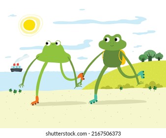 Two happy frog friends roller skating together near the sea - vector illustration  
