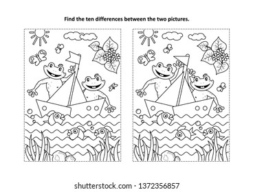 Two happy frogs in a boat find the differences visual puzzle and coloring page