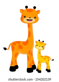 Two happy giraffes, mom and cub isolated on white background