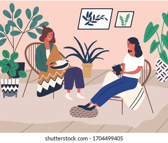 Two happy girl friend relax at home surrounded by houseplant vector flat illustration. Woman read book talking, smiling with female hold cat. People spend time together at cozy domestic interior