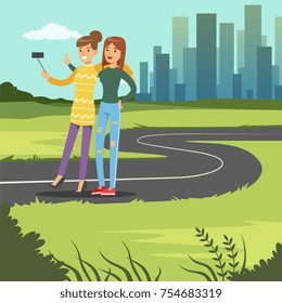 Two happy girlfriends hugging and taking selfie photo while walking on city street, friendship concept vector Illustration, web banner