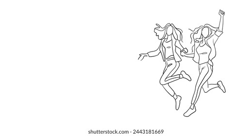 Two happy girlfriends jumping continuous line art drawing isolated on white background. Jumping girls line art. Vector illustration