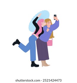 Two happy girlfriends taking selfie together, girl holding blue umbrella vector illustration