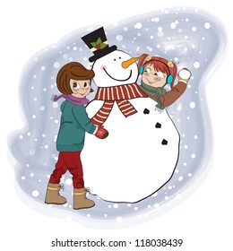 two happy girls building a snowman. Vector illustration