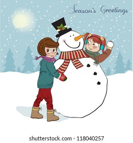 two happy girls building a snowman. Vector illustration