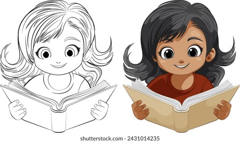 Two happy girls engaged in reading a book