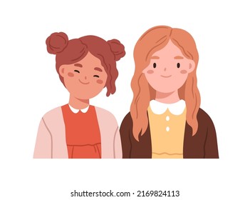 Two happy girls friends, face portrait. Cute children couple. Smiling kids sisters together. Positive lovely female classmates, school mates. Flat vector illustration isolated on white background