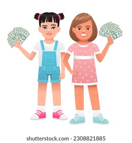 Two happy girls are holding dollar bills in their hands. Small businesswomen. Beautiful children with money in their hands. Vector cartoon illustration on a white background.