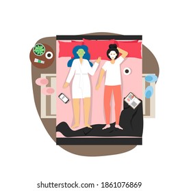 Two happy girls lying on bed with beauty facial masks, flat vector illustration. Young women, best friends spending free time together. Female friendship, sleepover, spa procedures at home.