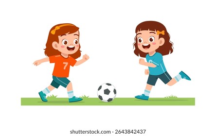 Two happy girls are playing soccer on grass, smiling expression, having fun in illustration style