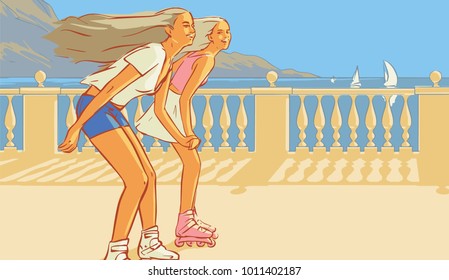 Two happy girls rollerblading on the promenade of sea . A view of mountains and yacht in the background . Fluttering hairs in the wind. Line vector illustration.