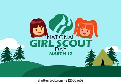 zwei glückliche Mädchen mit Pfadfinderlogo und Wörtern auf Hügeln und Campingplatz-Hintergrund, National Girl Scout Day, 12. März