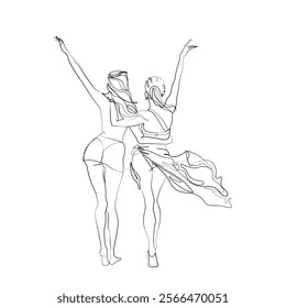 Two happy girls in swimsuits on summer beach hugging enjoying vacation, silhouette woman, continuous line drawing, isolated vector illustration, tattoo, print and logo design.