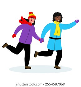 Two happy girls in winter clothes hold hands, girls run, rejoice in winter. Vector illustration on white background