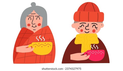 Two happy grandmothers in winter clothes. Drinking coffee. Vector design illustration on white background.