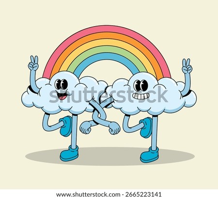 Two Happy Groovy Cartoon Cloud Characters Walk Under a Colorful Rainbow, Holding Hands with Peace Signs