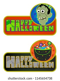 Two Happy Halloween signs with zombie and a bowl with candies. Eps10