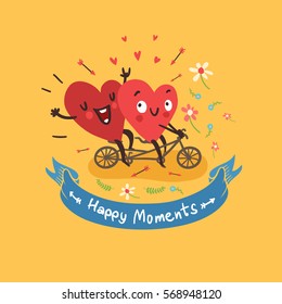 Two happy hearts biking with tandem bike on yellow background with flowers and ribbon with "Happy Moments" text. Vector card for wedding, date or Valentine's day