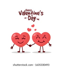 Two happy hearts character on white background. Cartoon heart collection. Happy Valentine's day banner, poster, postcard, flyer. Vector illustration.