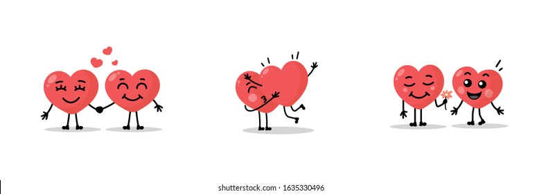 Two happy hearts character on white background. Cartoon heart collection. Happy Valentine's day banner, poster, postcard, flyer. Vector illustration.